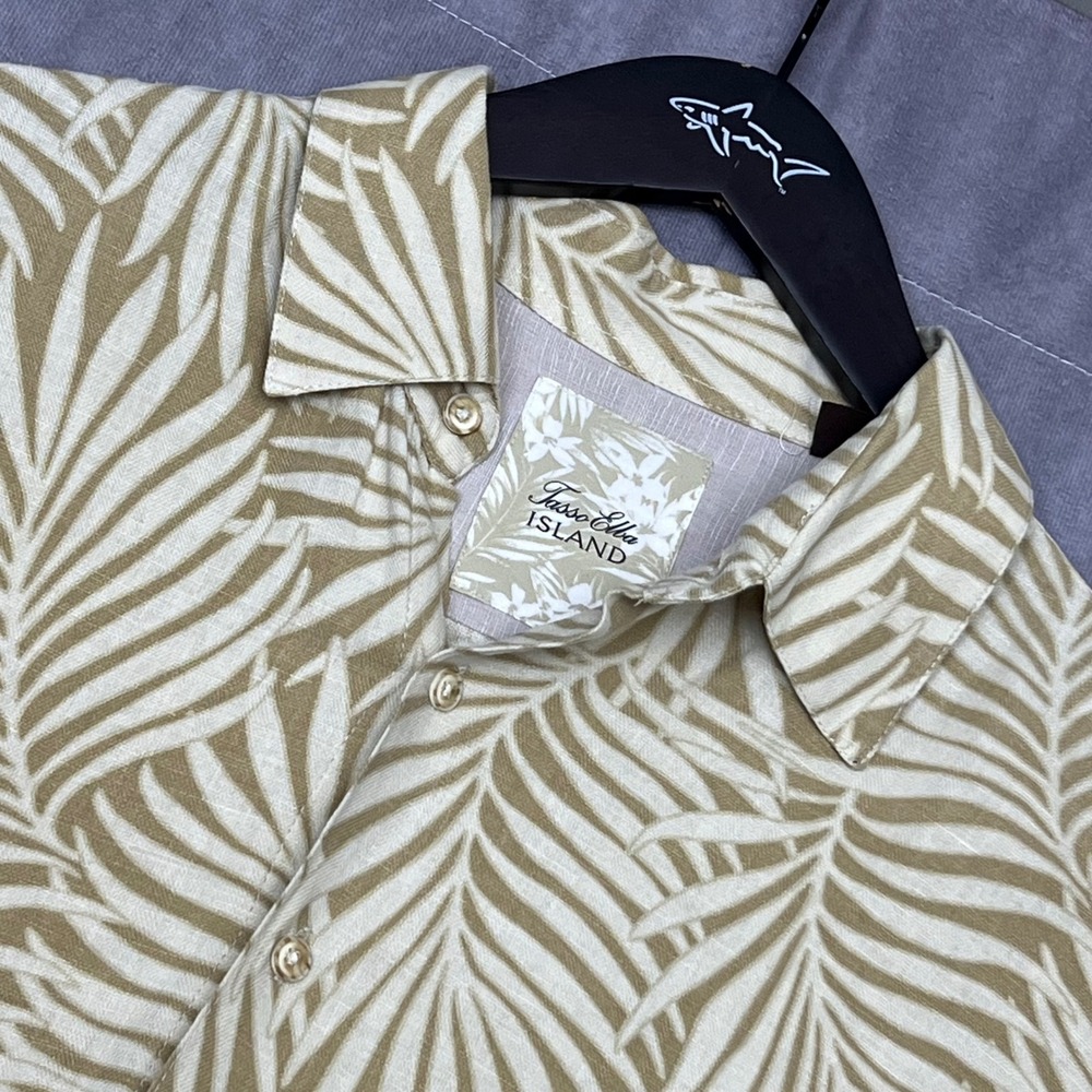 Tasso Elba Island Shirt Mens XL Tan Silk Linen Palm Leaf Tropical Excellent